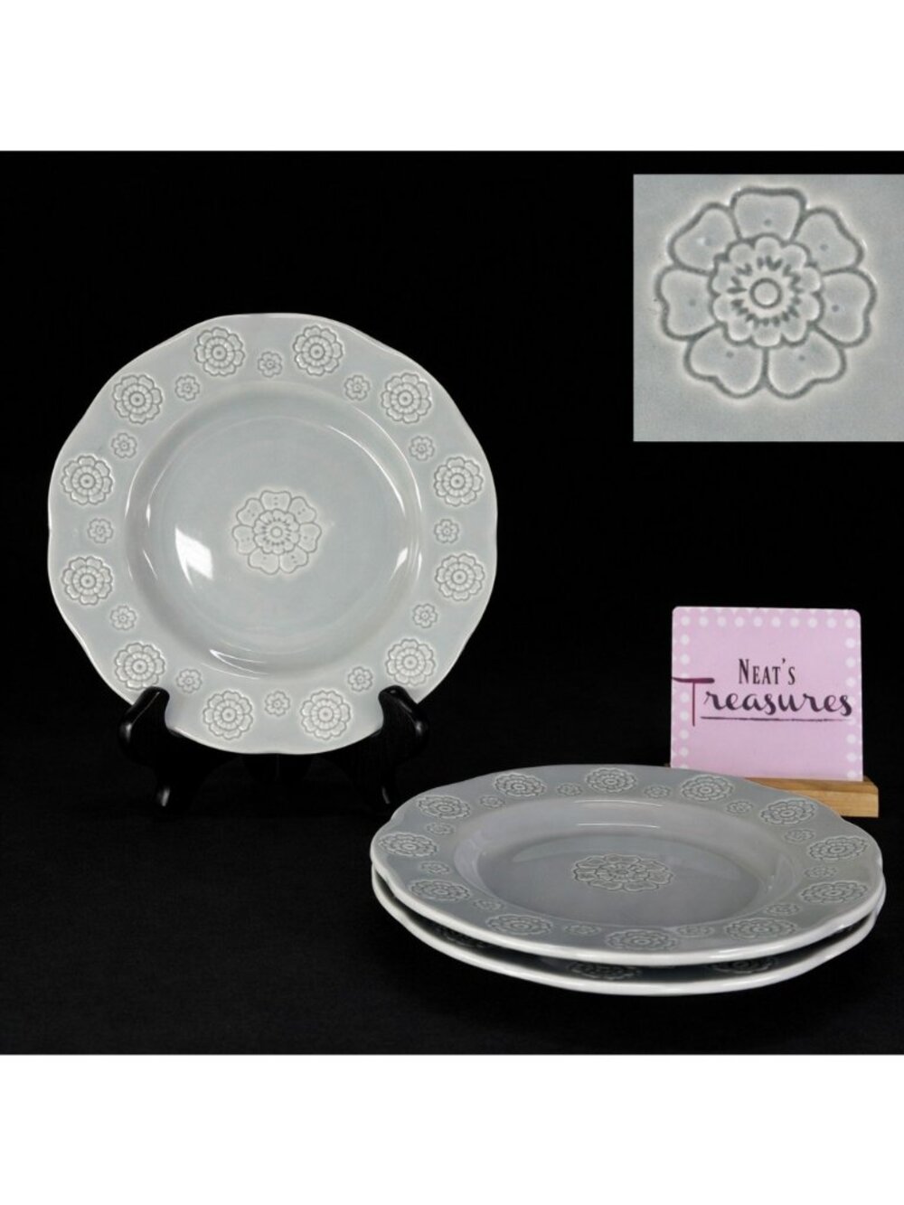 Wild Sage SANA MEDALLION Grey Embossed Flowers Stoneware 8" Salad Plates Set 3